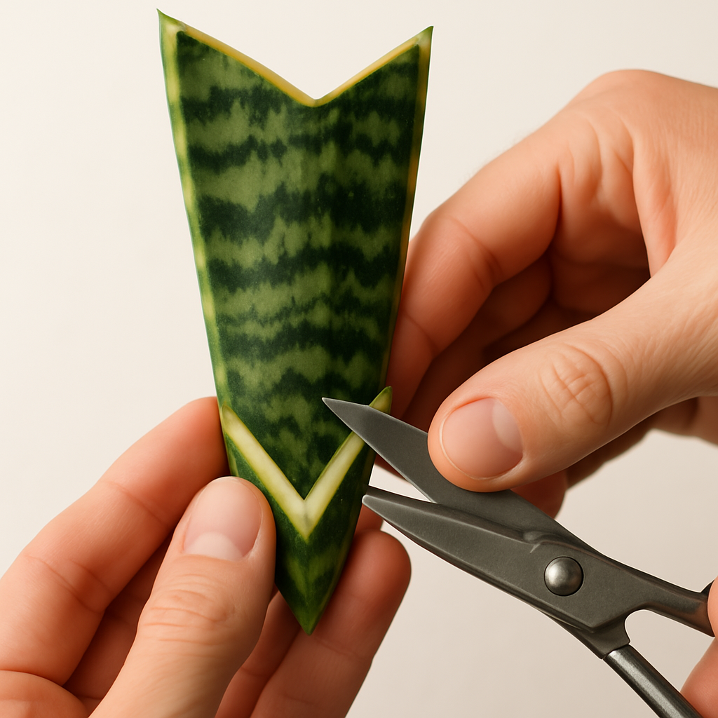 Creating diagonal V-shaped cuts at the bottom of snake plant cuttings
