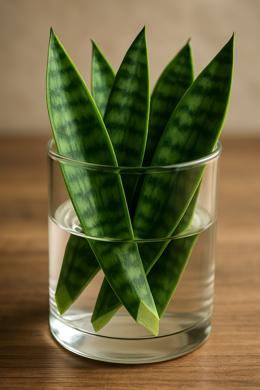 Snake plant cuttings positioned correctly in water
