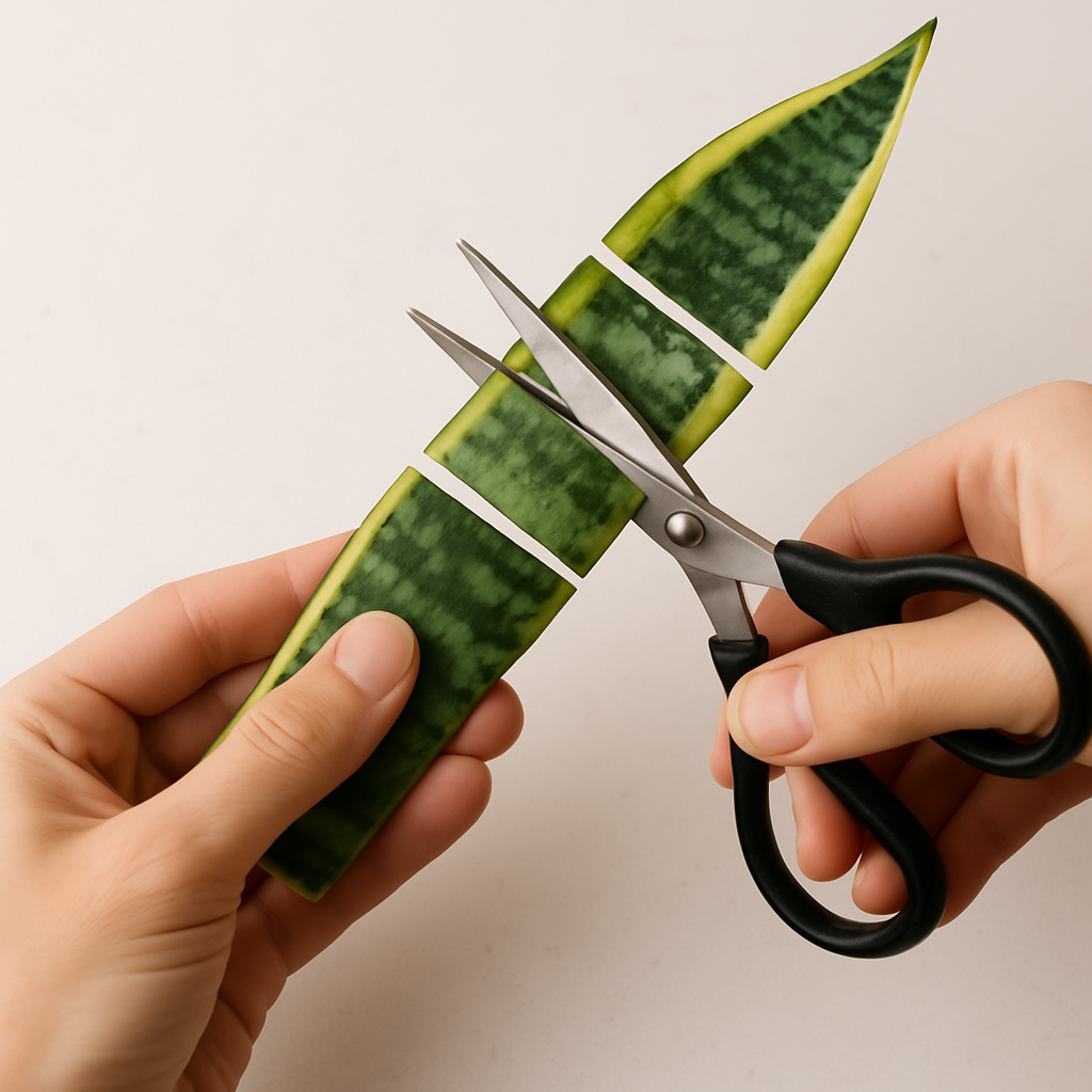 Sectioning a snake plant leaf into multiple cuttings