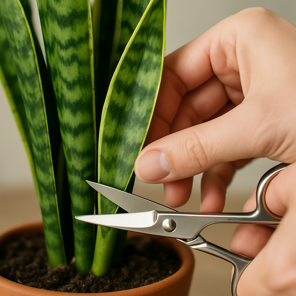 Selecting and cutting a healthy snake plant leaf