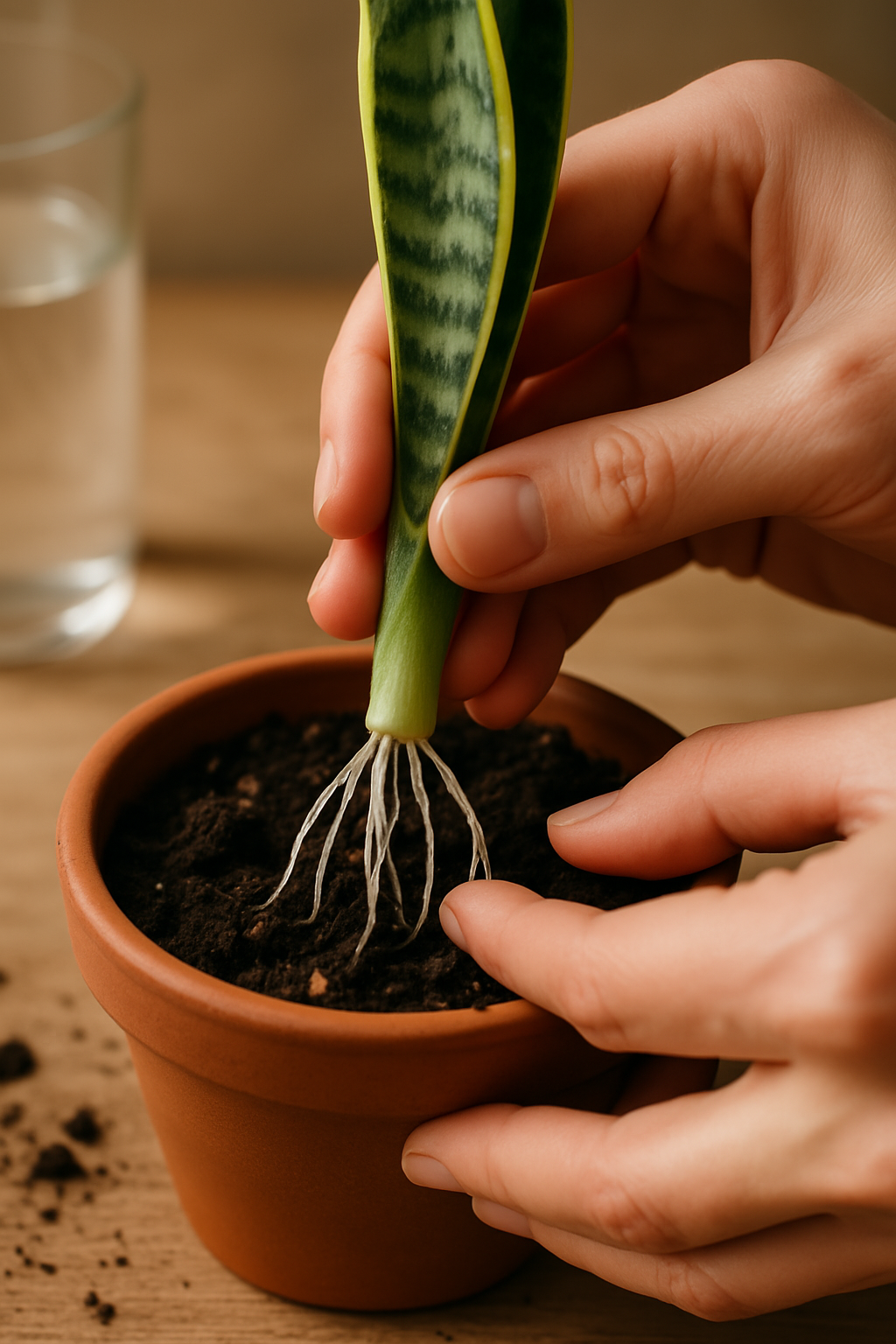 Planting a rooted snake plant cutting in soil