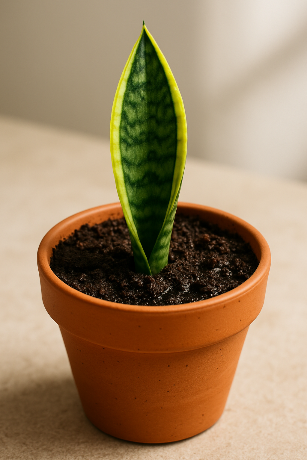 Newly potted snake plant cutting after transition from water