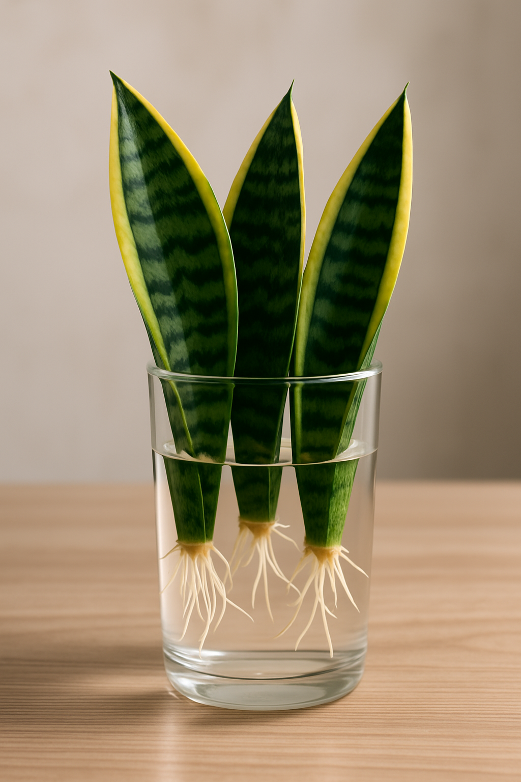 Snake plant cuttings developing roots in water